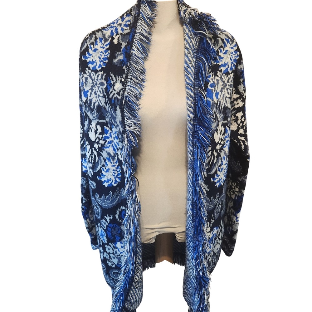 Le Nove Italy Blue Floral Jacquard Fringe Open Front Cardigan Sweater OS Womens